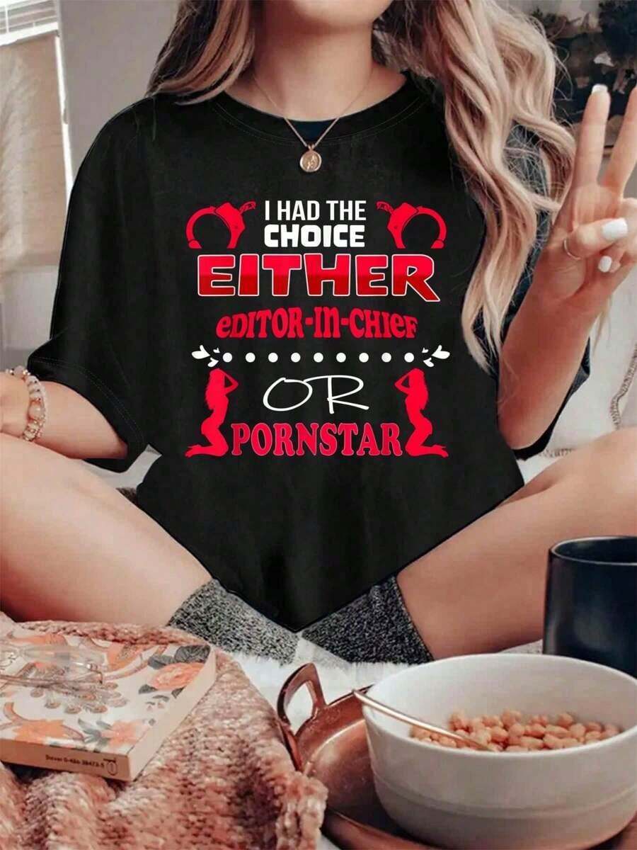 Editor-In-Chief Or Porn Star Colleague T-Shirt Women's Round Neck Short Sleeve T-Shirt Fashion Graphic Tees Women Top100% Cotton Women's Round Neck Printed Short Sleeves For Daily Shopping T-Shirts Women's Round Neck Interesting Pattern T-Shirt - Black - View 1