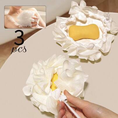 3pcs/1pc Multi-Functional 2-In-1 Bath Sponge, Lather Net, Soap Holder Bag; Exfoliating Bath Pouf 2-In-1, Convenient To Carry, Rich Lather, Exfoliating, Hang-Up Bath Pouf, Pull-Out Pocket