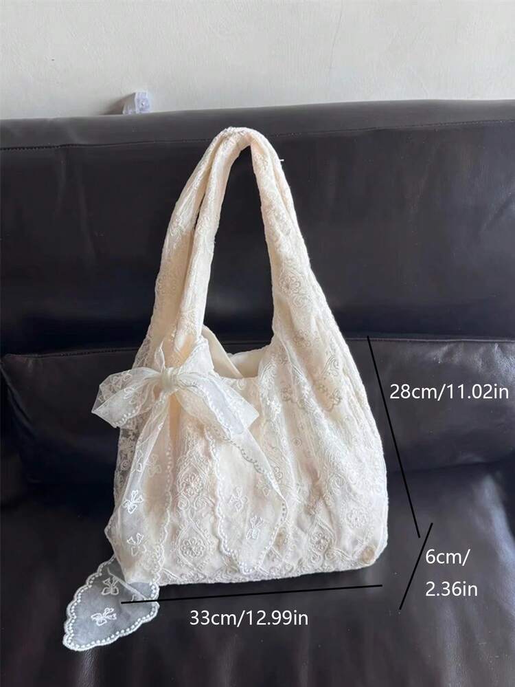한국 스타일 미니멀리스트 레이스 꽃 캔버스 토트백, 대용량 부드러운 숙녀풍 어깨 크로스백 출퇴근용 - 화이트 - 보기 6