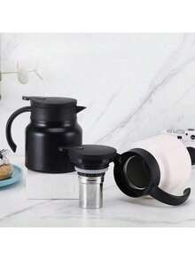 1件不锈钢咖啡壶，带按压开关的小茶壶，家用老白茶，陈年普洱茶冲泡壶，大容量 - 黑色 - 查看 6