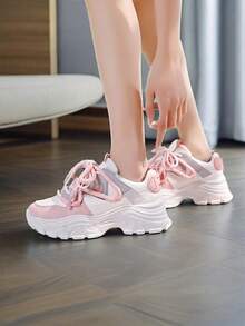 1 双女士休闲运动鞋，百搭厚底跑鞋，时尚系带步行鞋，厚底运动鞋，休闲鞋 - 粉色 - 查看 5