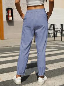 Lanwont Women's Linen Trousers Summer Casual High Waist Drawstring White Beach Pants - 霧霾藍 - 查看 2