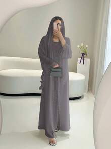 蕾丝边开衫套装，包含无袖衬里连衣裙和雪纺围巾 - 轻盈、优雅、透气，适合春夏穿着 - 灰色 - 查看 3