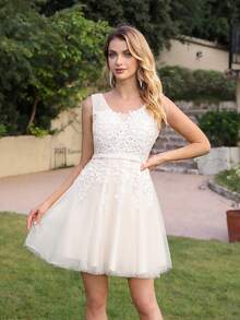 Babyonlinedress Cut & Sew  Plain    Party  Romantic    Lace    Contrast Mesh  Zipper  Appliques  Tie Back    Dress  Wedding  Party  Birthday Party  Graduation Party  Homecoming  Wedding Guest  Cocktail    All Seasons - 米色 - 查看 1