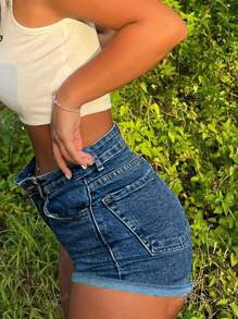Women Minimalist Commuter Casual Elastic Skinny Denim Shorts, Summer