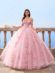 HEARBOBO Giáng sinh dễ thương 3D ren hoa thêu nơ phóng đại sang trọng váy dạ hội thanh lịch cho phụ nữ, váy cưới cổ tích cô dâu, váy dự tiệc - Hồng - Xem 7