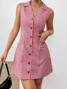 Vintage kariertes ärmelloses Minikleid für Damen mit Kragen