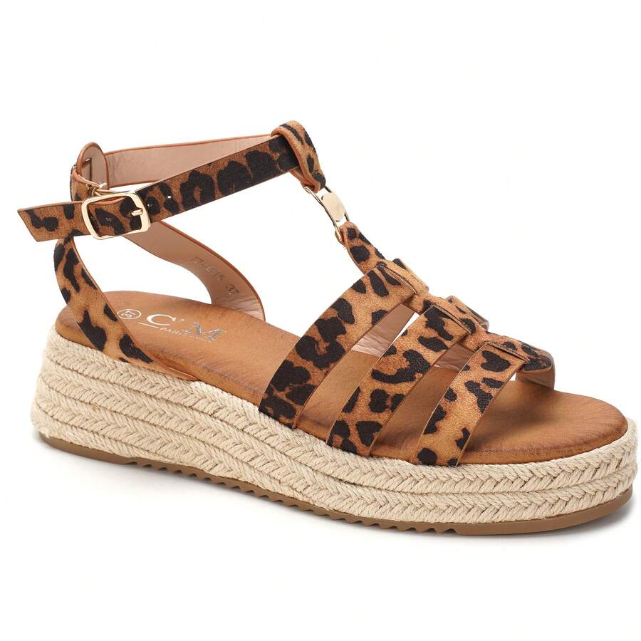 calcena 女式多带帆布厚底凉鞋，带踝扣 - 露趾夏季编织鞋底鞋 - 彩色 - 查看 1