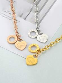 1pc Women's Stainless Steel Heart Engraved Titanium Chain Bracelet With Toggle Clasp For Daily Wear & Date Night Gifts