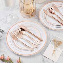 150pcs Gold/Silver/Rose Gold Cutlery Set, Including 50pcs Knives, 50pcs Forks, 50pcs Spoons, Multi-Color Options, Suitable For Wedding, Party, Birthday, Kitchen, Beach BBQ, Picnic, Camping, Restaurant, Easter, Halloween, Valentine's Day, Charity , Bakery, Market Stall, Outdoor Activities, Disposable And Reusable
