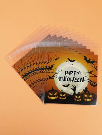 50 Stücke Halloween Geschenktüten, Geschenktüten mit Mond-Kürbis Muster, selbstversiegelnde Tüten mit "Happy Halloween" Aufdruck, Geschenkverpackungsmaterial, gelbe versiegelte Taschen, Halloween Party Zubehör, Geschenkverpackung Materialien, DIY Verpackung Materialien, Halloween Dekoration, Halloween Zubehör, Party Dekoration, Party Favors