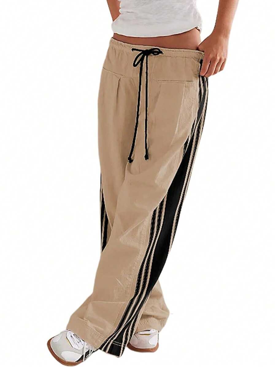 Women's Wide Leg Pants Drawstring High Waist Side Stripes Loose With Pockets Trousers - Khaki - View 1