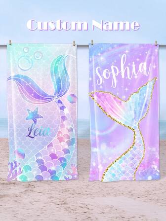 1pc Customized Text Mermaid Beach Towel, Super Absorbent Swimming Towel, Comfortable Beach Towel, Fashionable Pool Towel, Beach Accessory, Holiday Gift Essential, Multi-Size, Suitable For Men And Women Travel Essentials Travel Accessories, Multi-Functional, Ornamental, Reusable, High-Quality, Personalized, Unique, For Anniversaries, For Valentine's Day, For Mother's Day, For Birthdays, For Father's Day, For Graduation, For Weddings, For Housewarming, Vacay Vibes,Scandinavian Cozy Home