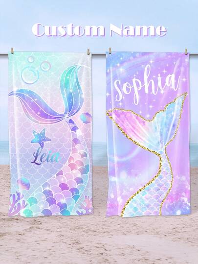 1 pieza Toalla de playa personalizada con texto personalizado de sirena, toalla de natación súper absorbente, manta de playa cómoda, toalla de baño de piscina, accesorio de playa, regalo ideal para vacaciones, disponible en varios tamaños, adecuado para mujeres, multifuncional, de secado rápido, transpirable, reutilizable, exquisito para el estreno de la casa, el baño, la sala de estar, el dormitorio, decoración de baño de verano en el hogar, artículos esenciales de viaje, accesorios de viaje, artículos esenciales de playa, multifuncional, para el Día del Padre, para la graduación, para bodas, para el estreno de la casa, artículos esenciales para dormitorios