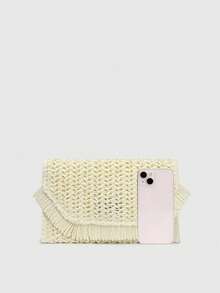 Bohemian Stil Stroh gewebte Clutch Handtasche mit Flicken und Fransen für Urlaub, Valentinstag