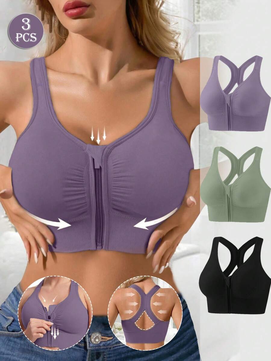 3 pièces Soutien-gorge de sport à fermeture éclair frontale pour femmes, confortable et respirant avec coussinets de poitrine, sous-vêtements de fitness et de yoga