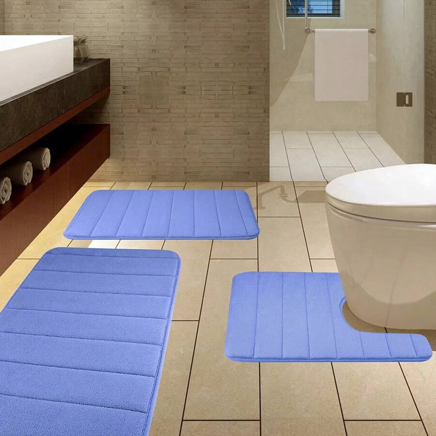 3PCS Memory Foam Bath Mat Ultra Soft Bathroom Toilet Anti Slip Rug Pedestal Set Black/Grey/Blue - Blue - View 1