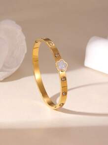 GEREIT 1 pieza Brazalete de acero inoxidable de 18k con flores de 5 pétalos asimétricas y circonita colorida, adecuado para uso diario y fiestas