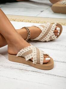 Kate Miuch 经典复古休闲时尚女鞋，适合海滩度假、情人节约会、派对及其他室内/室外场合，卡其棕色/浅米色带流苏，法式都市明星风平底凉鞋 - 卡其色 - 查看 5