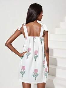 Women Sleeveless A-Line Dress Summer Casual Floral/Stripe Print Tie Up Straps Loose Party Dress For Beach Streetwear - Hồng - Xem 2