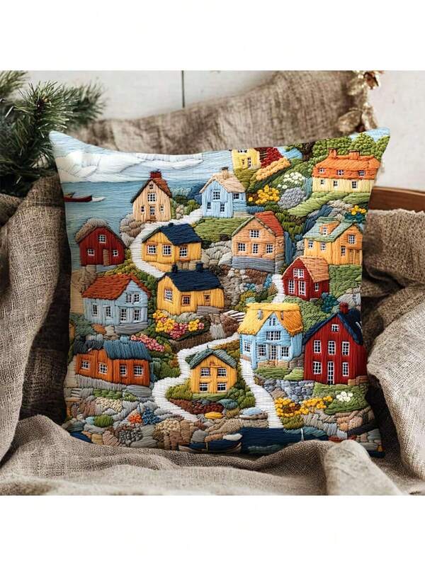 Fronha dupla face de 45,72 x 45,72 cm com design 2D da vila de pescadores de Fjällbacka, Suécia, adequada para sofá, quarto, área externa e sala de estar (capa de almofada não incluída), sem bordado