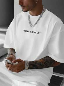 AnChiStreetwear - Herren Große Größen Minimalistisches Buchstaben-Muster Kurzarm T-Shirt, Rundhalsausschnitt, Lässig Stil, Grafik Design - Weiss - Übersicht 1