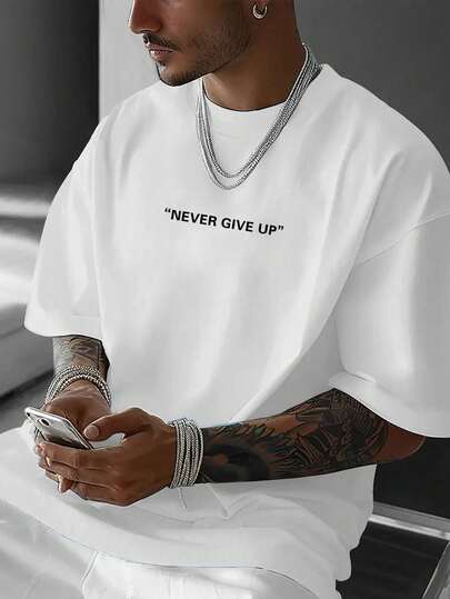 AnChiStreetwear - T-shirt à manches courtes minimaliste avec imprimé lettres pour hommes grande taille, col rond, style casual, design graphique