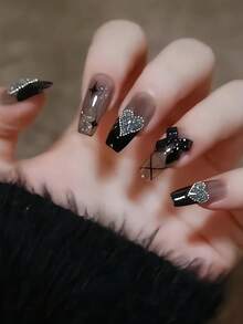 Upgrade Your Look With Y2K Style! 24pcs Ballet Nail Tips Set In Long Length, Black Color And Fashionable French Ombre Press On Nails Gradients With Geometric Lines, Stars And 3D Bows And Hearts Embellished With Glitters. Sweet, Elegant, Luxury, Cute Style With Light Therapy Function. Detachable False Nails For Holiday, Party, Date, Daily Wear. Jelly Gel Random Shipment - Black - View 1