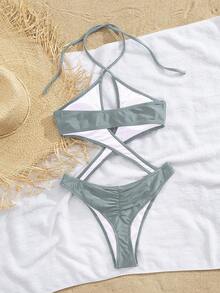 Traje de baño de una pieza sexy con espalda descubierta y cruzado delantero para mujer