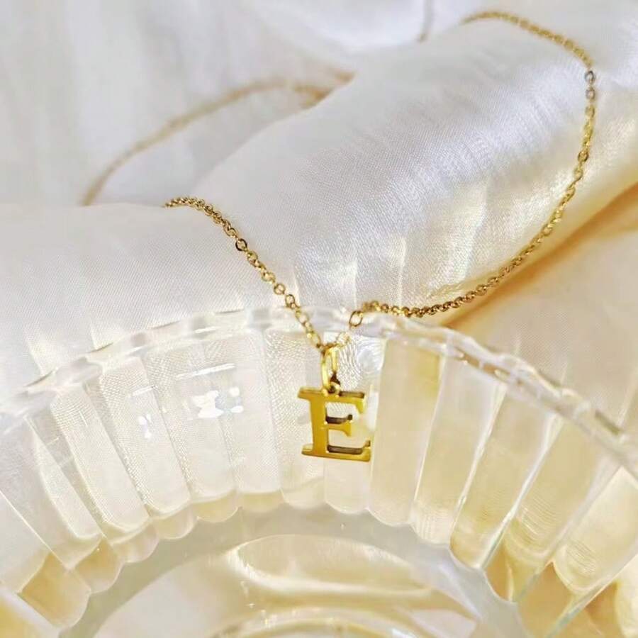 Initial Letter Necklace Stainless Steel Gold + Velvet Bag Cute Pendant Delicate Gift - U - Xem 1