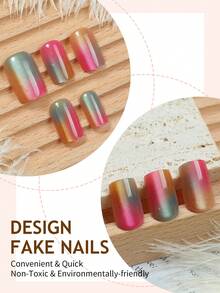 24pcs Colorful Cat Eye Nail Stickers, Medium Square, Gradient Blurred Minimalist Design, Full Coverage False Nails, Suitable For Women And Girls Daily Wear Nail Supplies - Multicolor - View 3