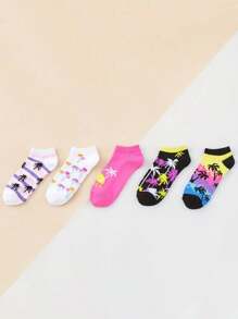 5 pares de calcetines de tobillo para mujer con estampados de palmeras en blanco, morado, negro, amarillo, rosa, gris. Moda, versátiles, suaves y cómodos, transpirables para el verano