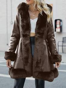 女式 PU 夹克，配有人造毛皮衬里、兜帽和腰带 - 秋冬时尚 - 巧克力棕 - 查看 7