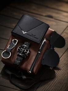 5-Piece Stylish Men's Alloy Strap Quartz Watch, With Wallet And Fashion Glasses, Keychain, Pen, Ideal Gift Set,Suitable For Daily Wear - Black - View 2