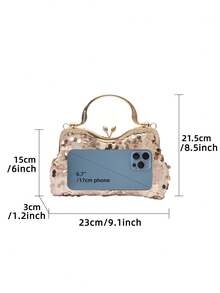 1pc Metallic Mesh Rose Gold Sequins & Rhinestones Flower Decor Clutch Bag, Elegant Minimalist Style Evening Bag, Suitable For Brides, Weddings, Parties, Formal Occasions. Can Be Used As A Gift For Mom, Teacher, Girl, Holiday - Rose Gold - View 3