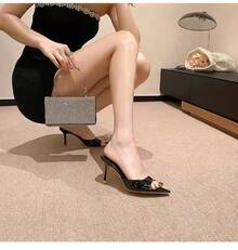 Patent Leather High Heel Slippers All-Matching Stiletto Pointed Toe Open Toe Outdoor Slippers - Black - View 3