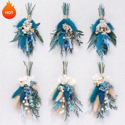 6 unidades Ramillete de flores secas en miniatura, adecuado para bodas florales bohemias, centro de mesa, pequeñas cañas secas, manualidades, caja de regalo de dama de honor para tarta de cumpleaños, decoración de jarrón, decoración de otoño