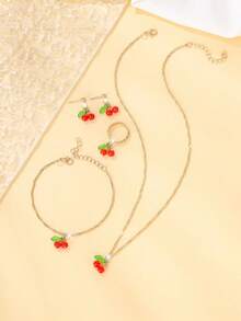 5 件套精致树脂水果首饰套装，包括项链、手链、耳环、戒指、可爱樱桃吊坠，适合日常佩戴，非常适合返校、节日礼物 - 彩色 - 查看 3