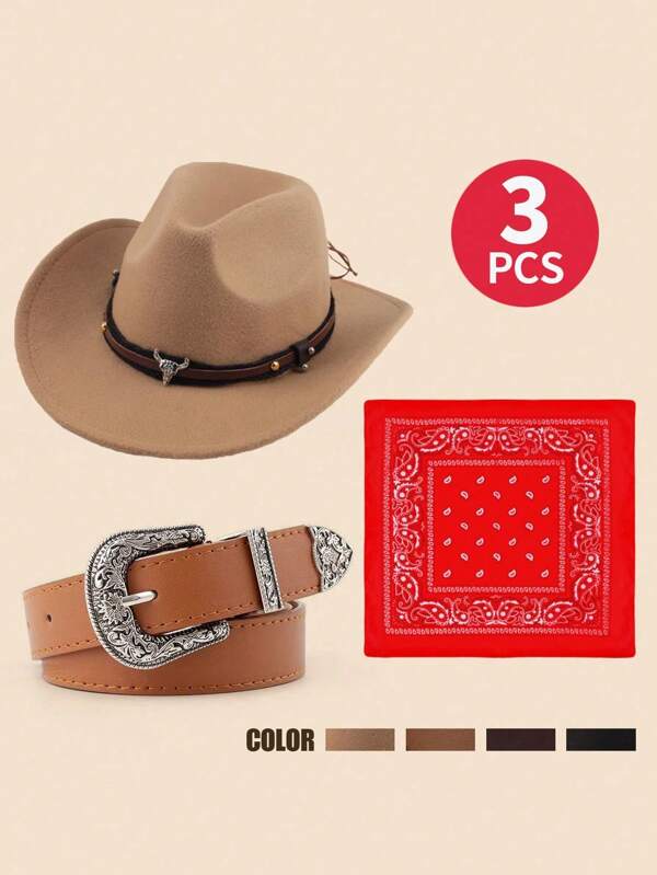 Set de 3 piezas Sombrero de vaquero al estilo occidental para mujeres y hombres, cinturón y pañuelo con estampado de paisley para vestir, apto para la Pascua