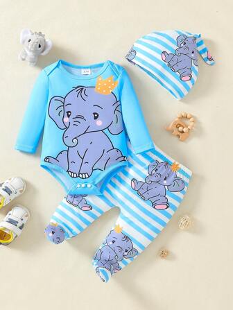 3 件套新生男婴服装套装，卡通大象印花连体衣，蓝白条纹裤，创意尖顶帽，儿童礼物，秋冬