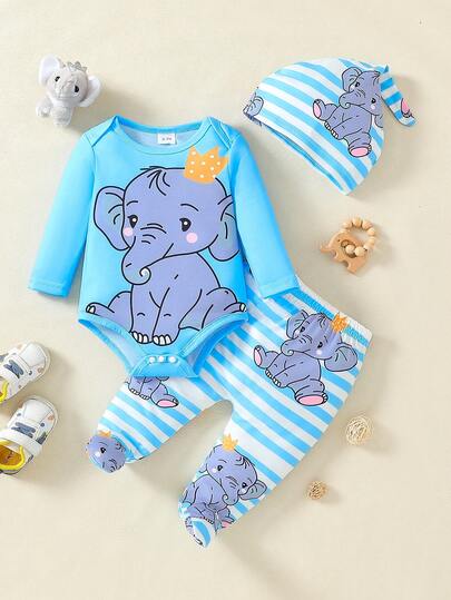 3件套新生男宝宝服装套装，卡通大象印花连体衣，蓝白条纹裤，创意尖顶帽，儿童礼物，秋冬季