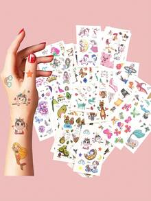 60pcs Temporary Fake Tattoo Stickers, Avocado Ocean Mermaid Shark Princess Various Cute Cartoon Patterns Tattoo Stickers Perfect For Daily Party Body Decoration, Party Accessory Supplies - Multicolor - View 3