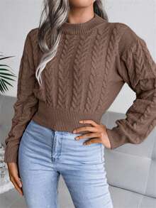 Women Cable Knit Round Neck Cinched Waist Long Sleeve Cropped Pullover Knitwear, Casual Autumn/Winter