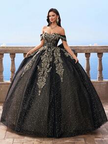 Vestidos de bola estilo Bridgerton con hombros descubiertos y malla negra para mujeres, vestido de novia de línea A de manga abullonada extra grande para la novia - Negro - Ver 7