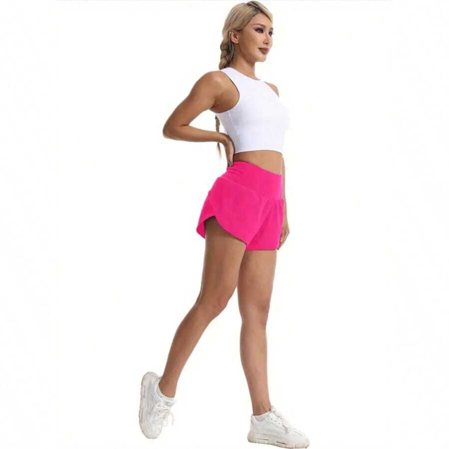 Womens High Waisted Running Shorts Quick Dry Athletic Workout Shorts With Mesh Liner Zipper Pockets - Hot Pink - View 1