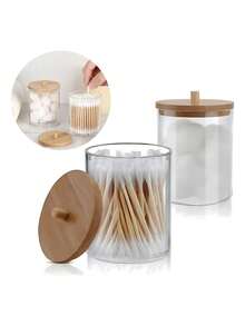 Pote Organizador Acrílico com Tampa de Bambu – Porta Cotonete e Algodão 1 a 5 Unidades Acrílico transparente - Marrom - Visão 2