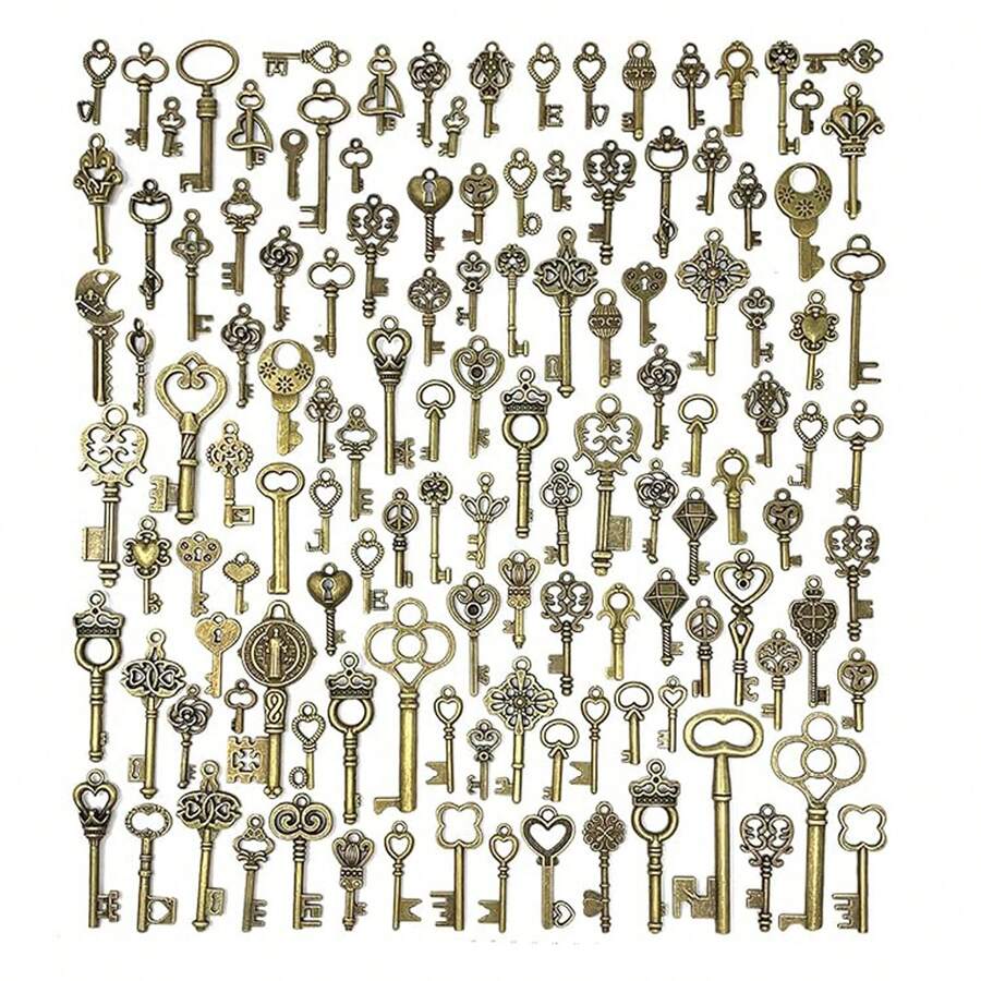 125 PCS Vintage Skeleton Key Set Charms, Mixed Antique Style Bronze Brass For Pendant DIY Jewelry Making Wedding Party Favors - 銅色 - 查看 1