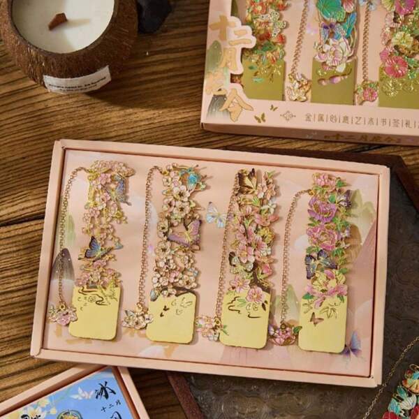 4pcs/Set Flower Hollow Metal Bookmarks Gift Box Aesthetic Book Page Clip Stationery Student Reading Book Clip Book, School Supplies,Back To School