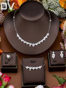 DV JEWELRY 5 Pieces Luxury Cubic Zirconia White Gold Plated Necklace, Bracelet, Earrings, Open Ring Jewelry Set For Women, Gift Box Packaging For Party, Anniversary, Date