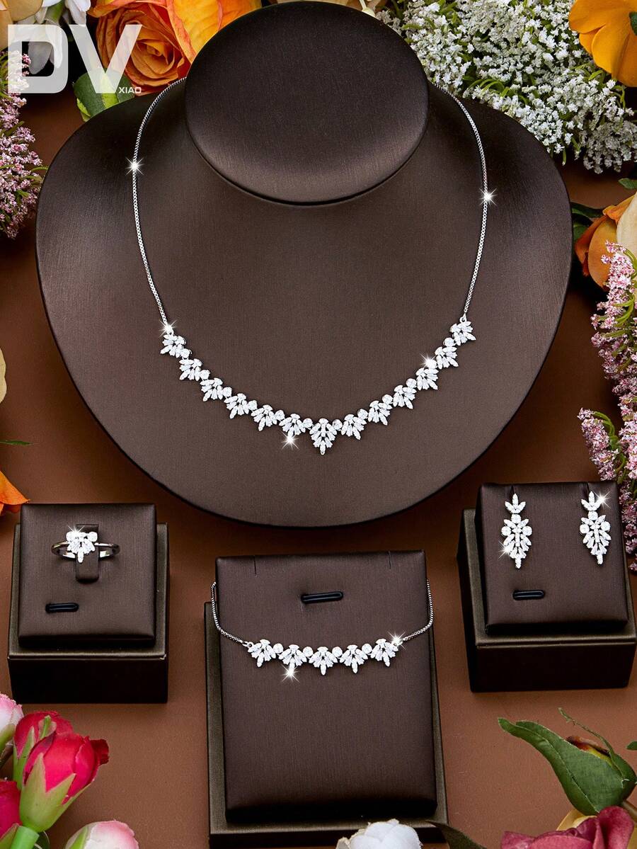 DV JEWELRY 5 Pieces Luxury Cubic Zirconia White Gold Plated Necklace, Bracelet, Earrings, Open Ring Jewelry Set For Women, Gift Box Packaging For Party, Anniversary, Date